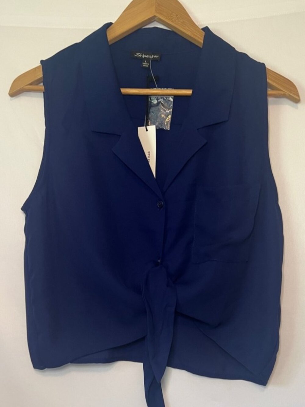 Navy Blue V-Neck Tie Front Crop Top NWT Sz L Office Nautical Festival